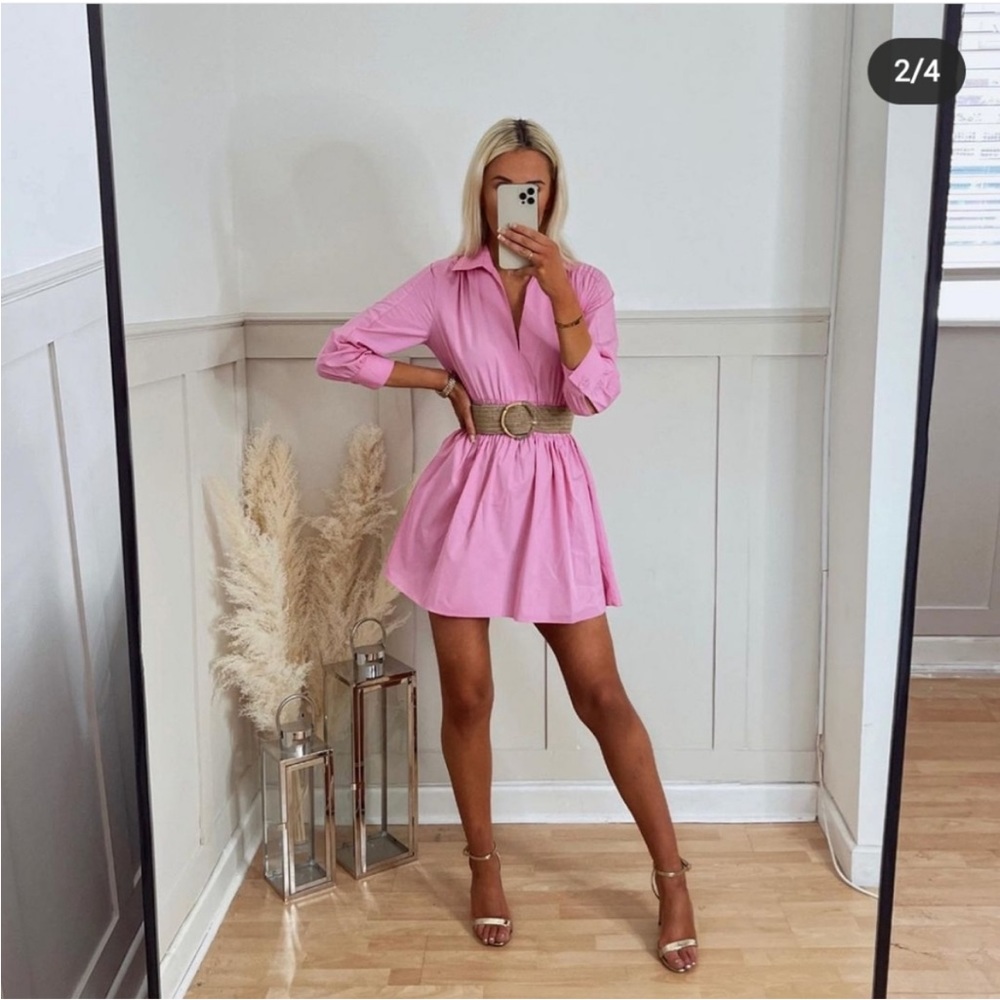 Zara collard v neck pink mini dress — smocked waist long sleeves skater dress - Picture 8 of 15